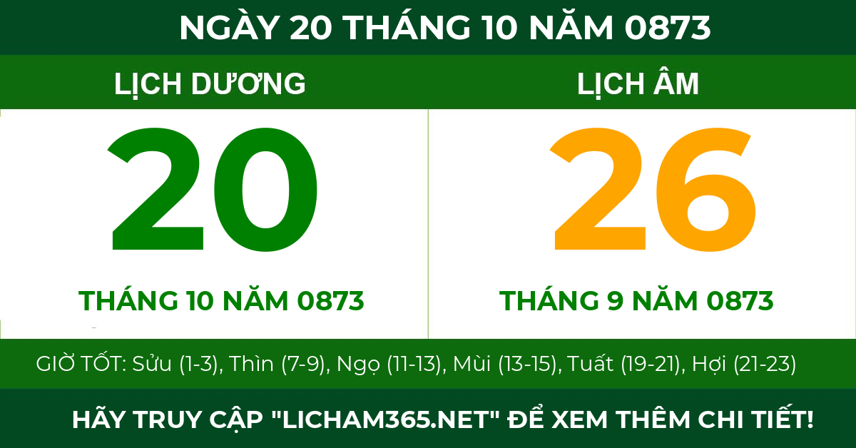 lịch âm ngày 20 tháng 10 năm 0873