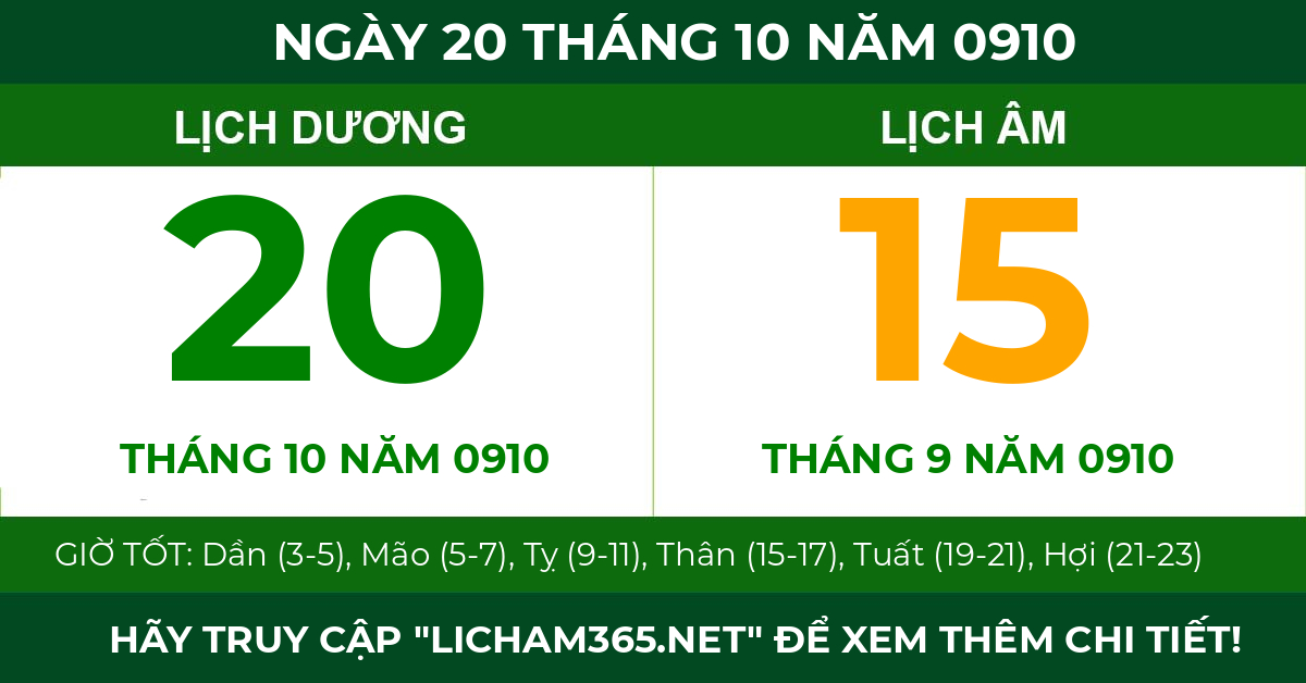 lịch âm ngày 20 tháng 10 năm 0910