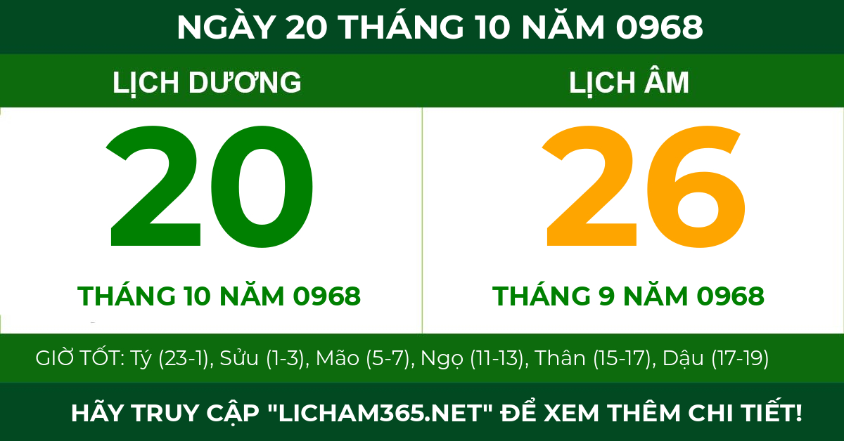 lịch âm ngày 20 tháng 10 năm 0968