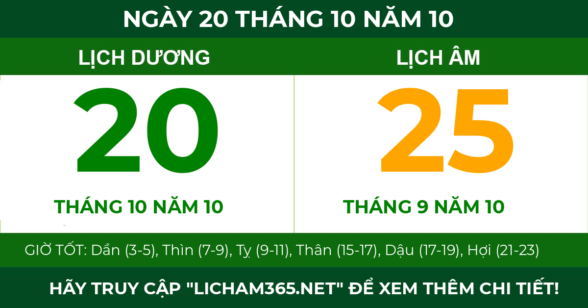 lịch âm ngày 20 tháng 10 năm 10