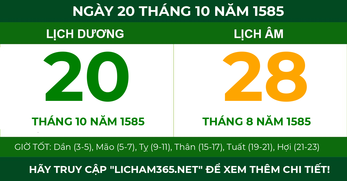 lịch âm ngày 20 tháng 10 năm 1585