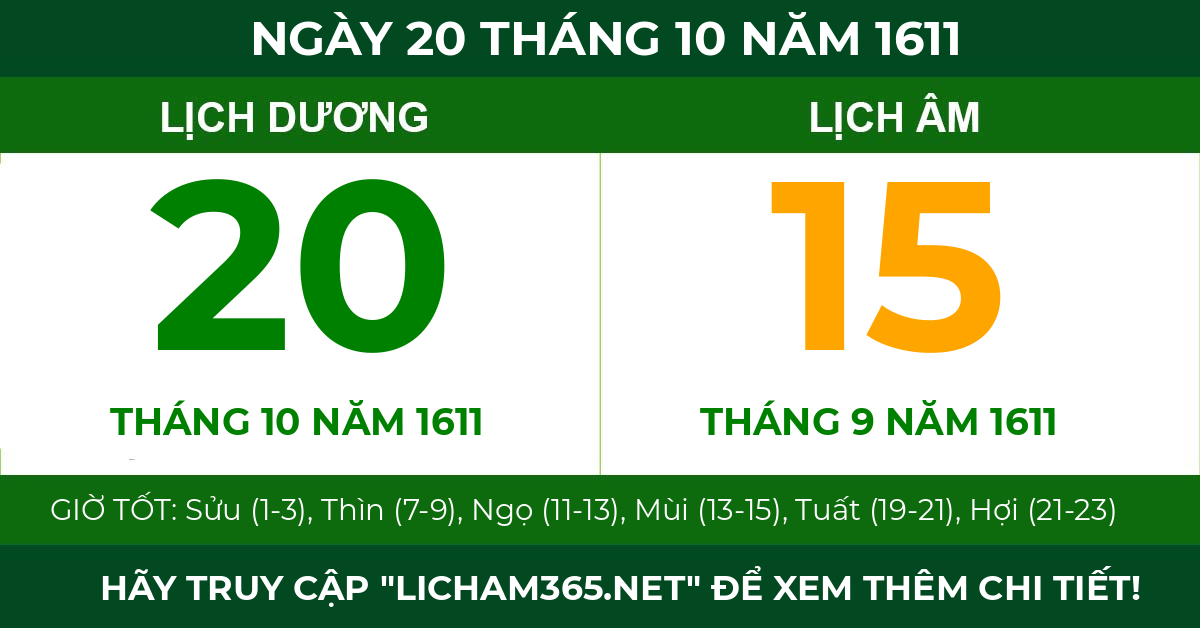lịch âm ngày 20 tháng 10 năm 1611