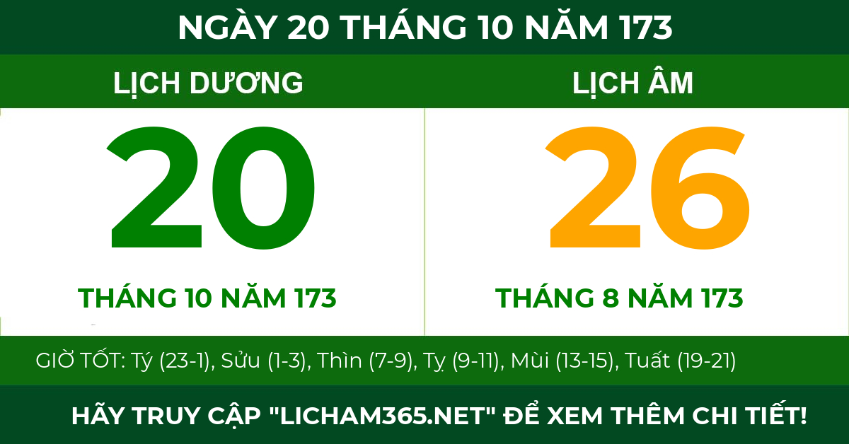 lịch âm ngày 20 tháng 10 năm 173