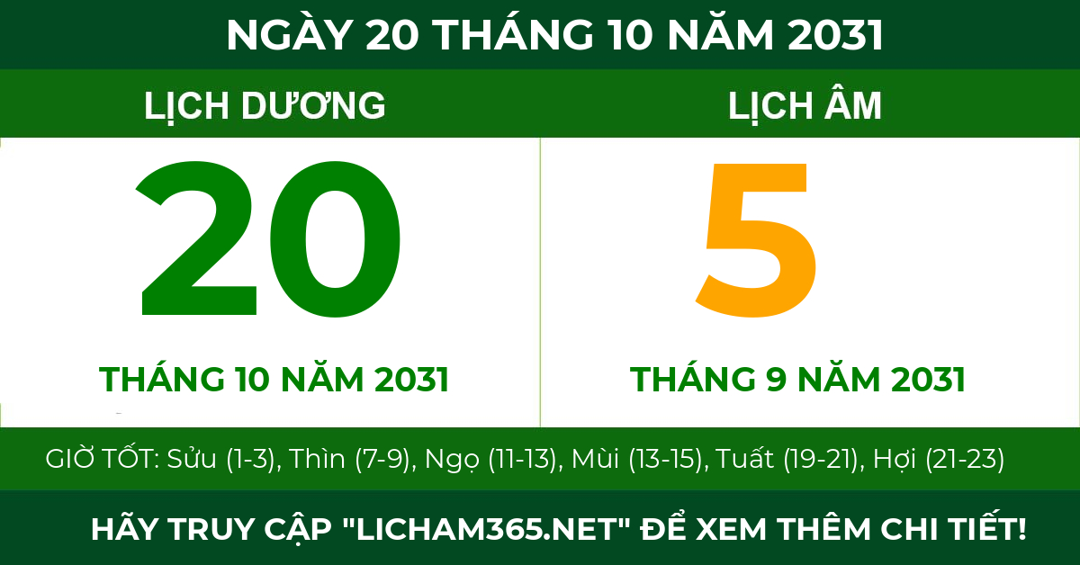 lịch âm ngày 20 tháng 10 năm 2031