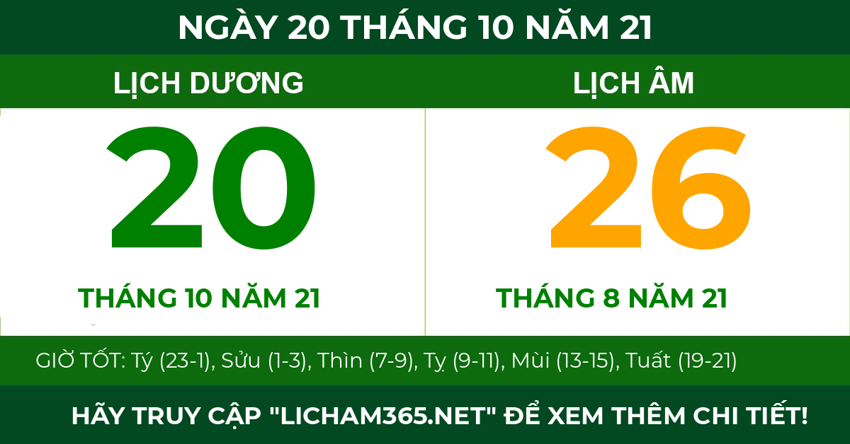 lịch âm ngày 20 tháng 10 năm 21