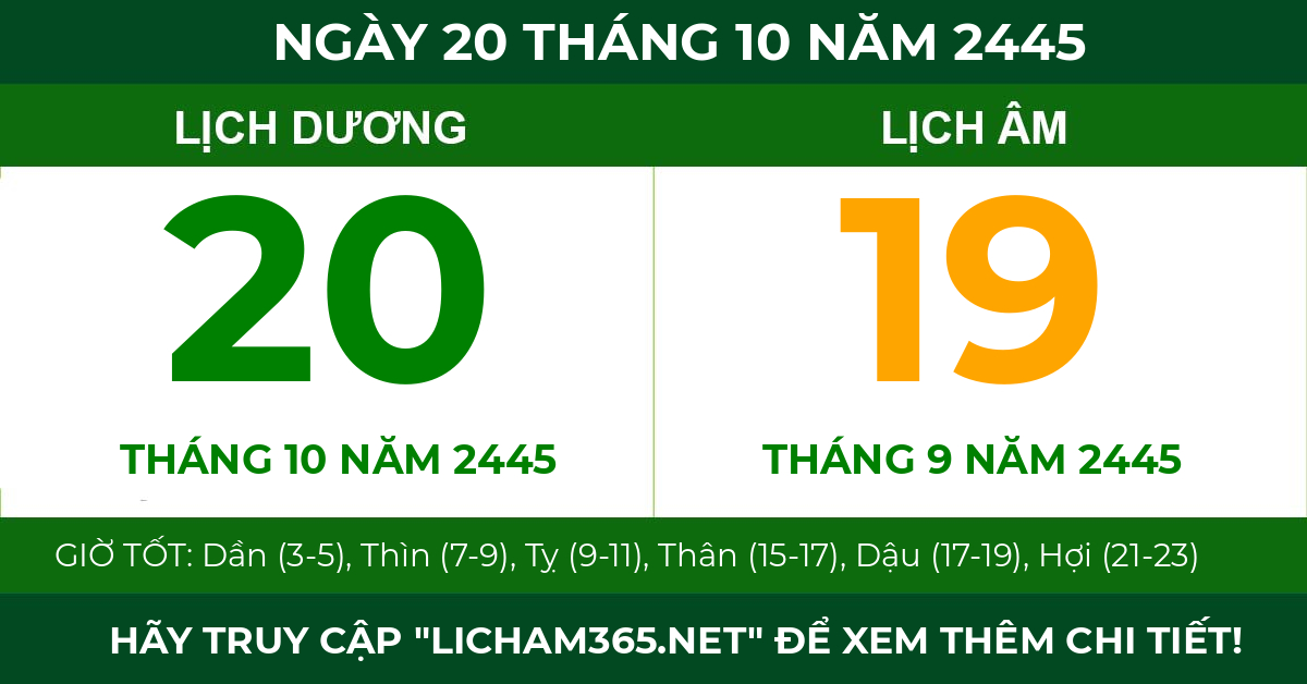 lịch âm ngày 20 tháng 10 năm 2445