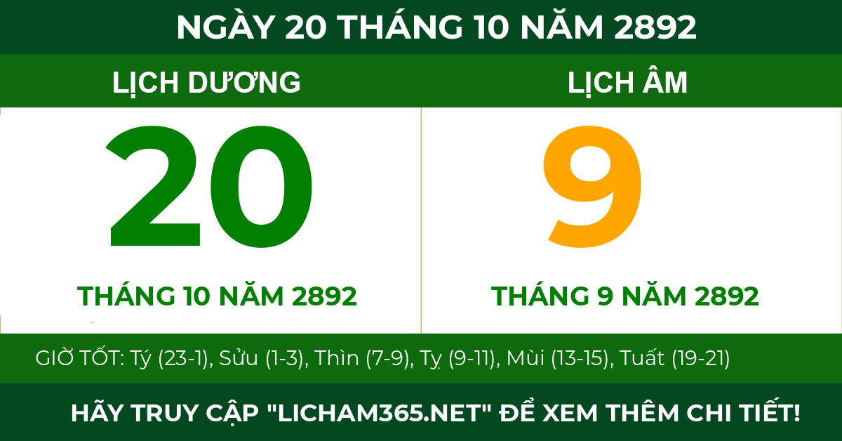 lịch âm ngày 20 tháng 10 năm 2892