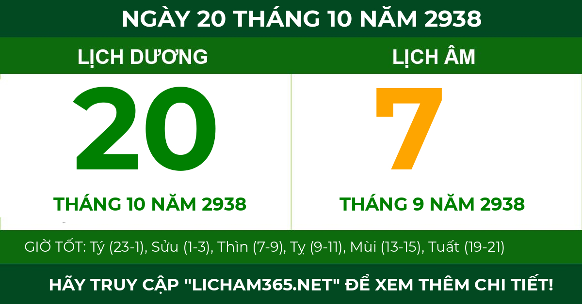 lịch âm ngày 20 tháng 10 năm 2938