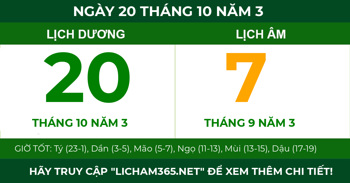 lịch âm ngày 20 tháng 10 năm 3