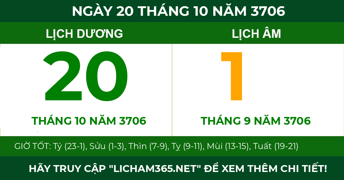 lịch âm ngày 20 tháng 10 năm 3706
