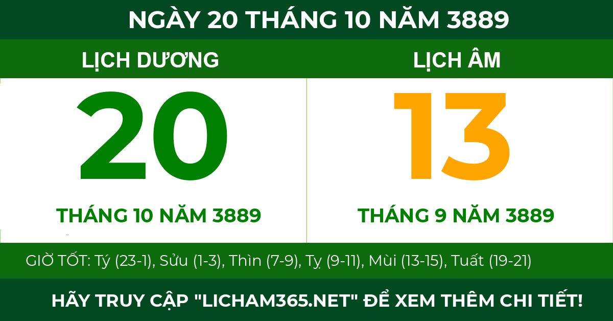 lịch âm ngày 20 tháng 10 năm 3889