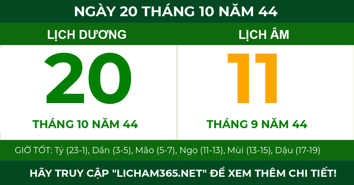 lịch âm ngày 20 tháng 10 năm 44