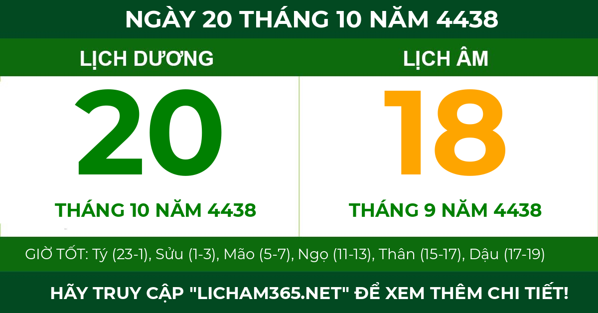 lịch âm ngày 20 tháng 10 năm 4438