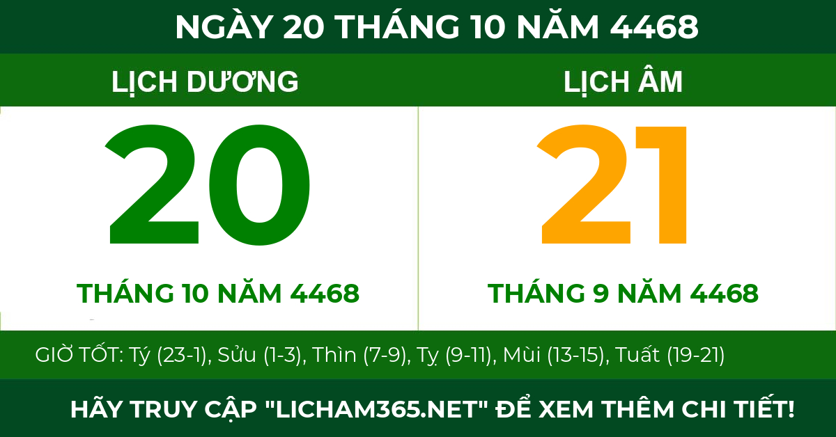 lịch âm ngày 20 tháng 10 năm 4468