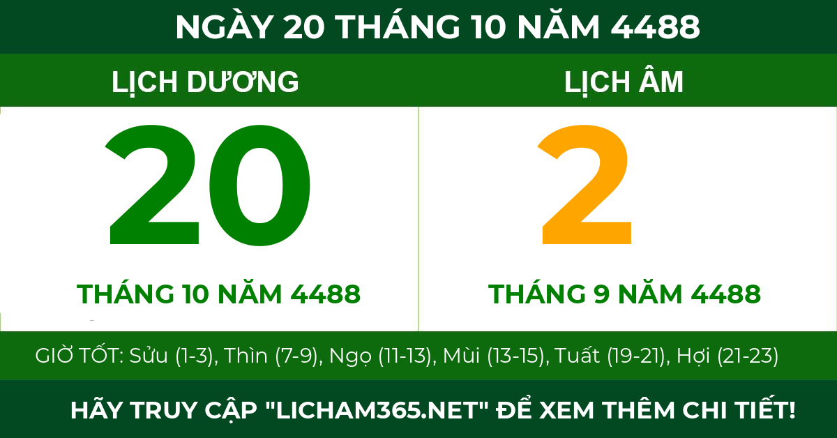 lịch âm ngày 20 tháng 10 năm 4488