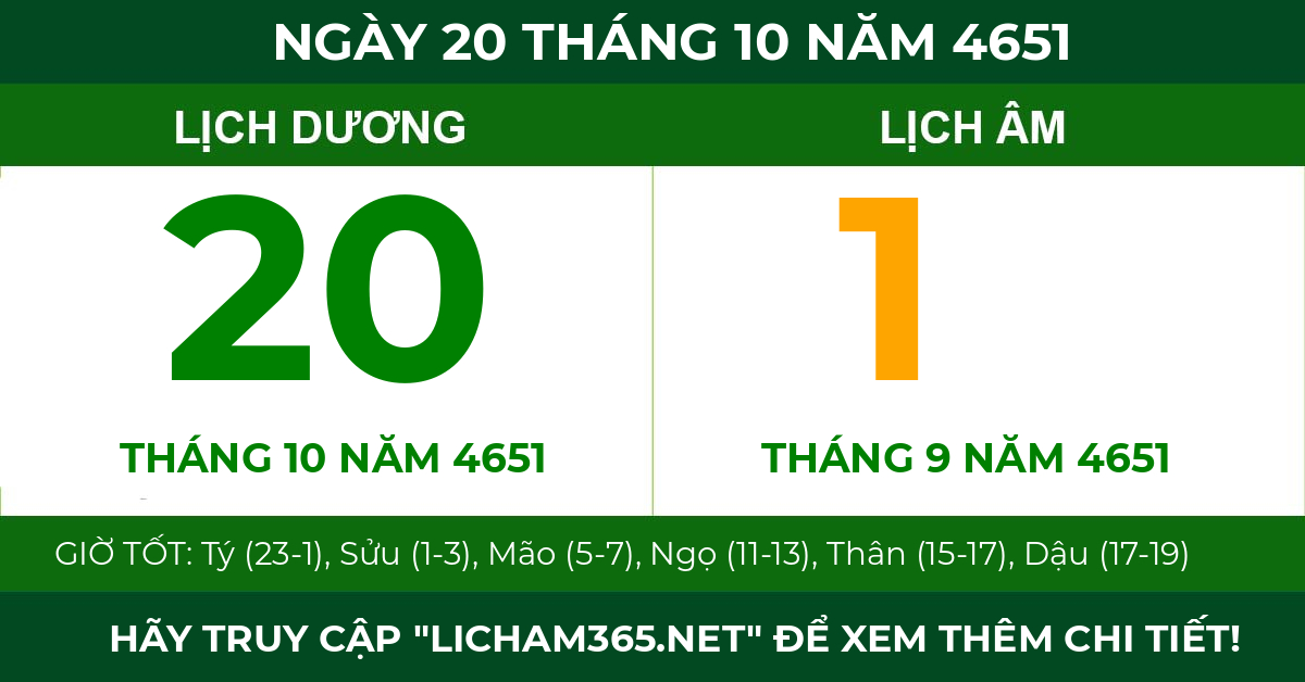 lịch âm ngày 20 tháng 10 năm 4651