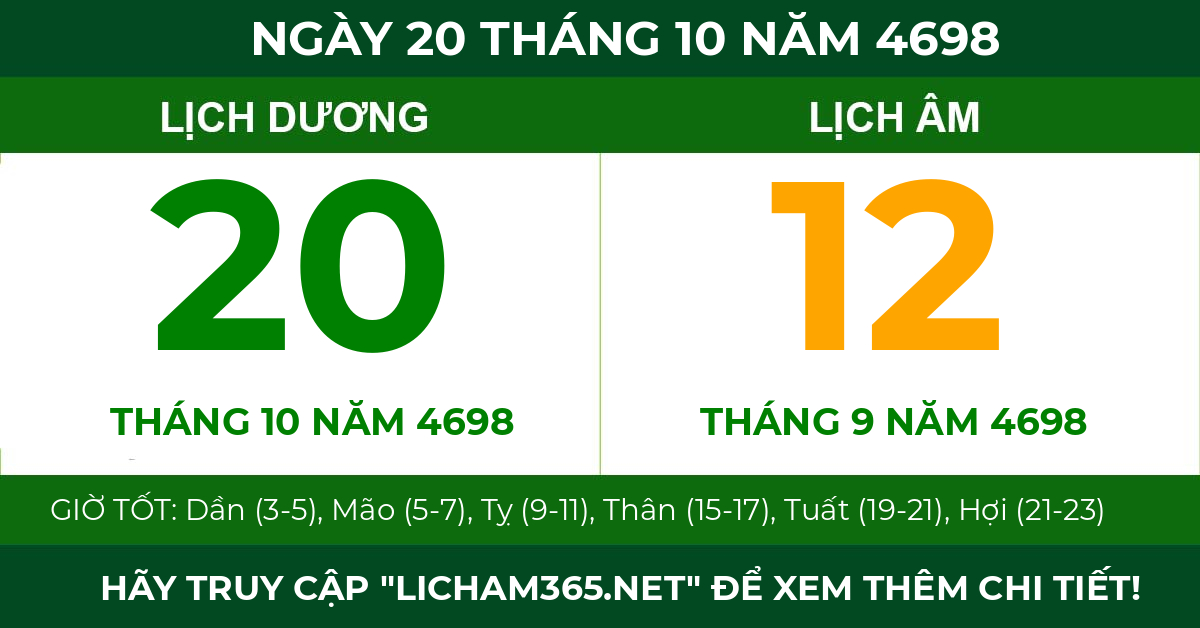 lịch âm ngày 20 tháng 10 năm 4698