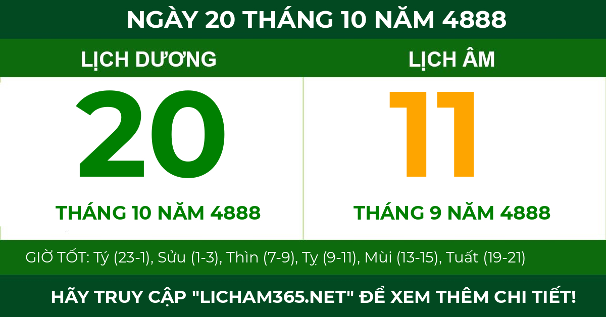 lịch âm ngày 20 tháng 10 năm 4888