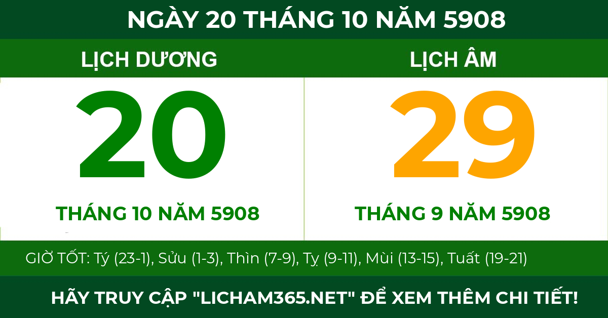 lịch âm ngày 20 tháng 10 năm 5908