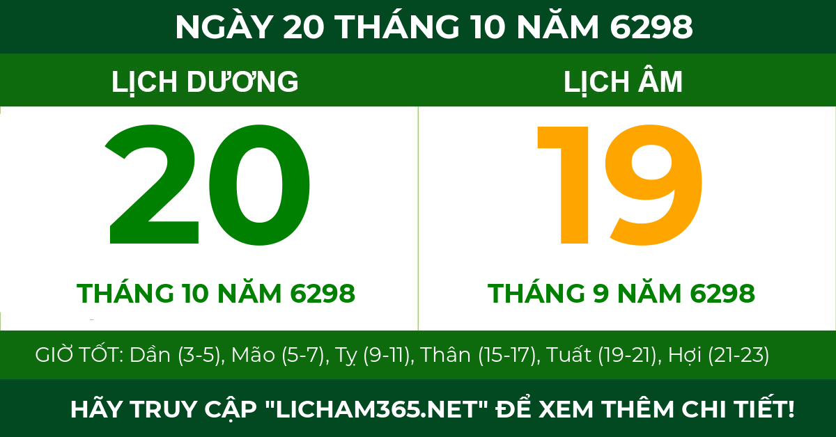 lịch âm ngày 20 tháng 10 năm 6298