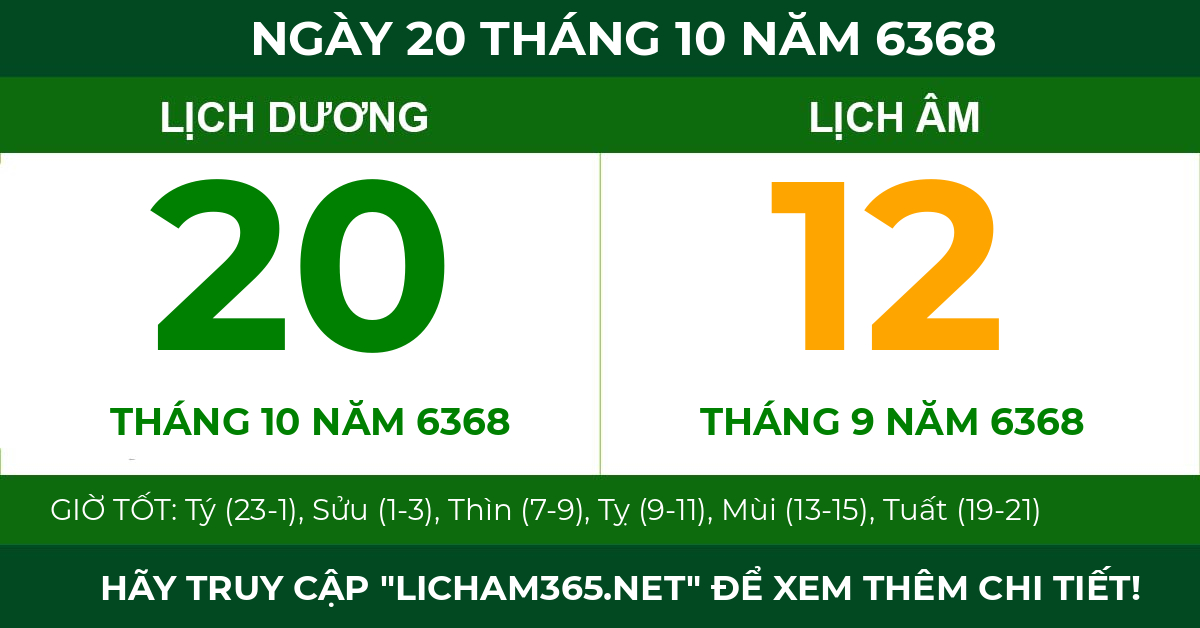 lịch âm ngày 20 tháng 10 năm 6368