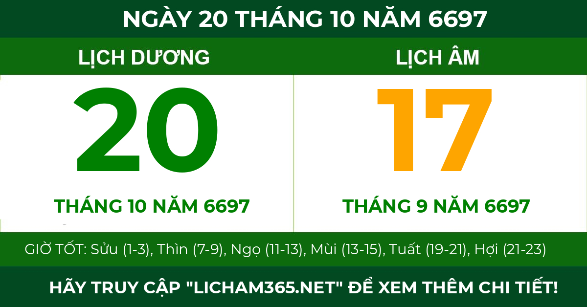 lịch âm ngày 20 tháng 10 năm 6697