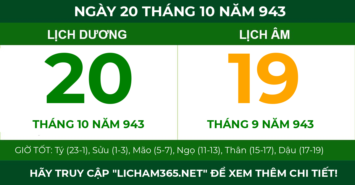 lịch âm ngày 20 tháng 10 năm 943