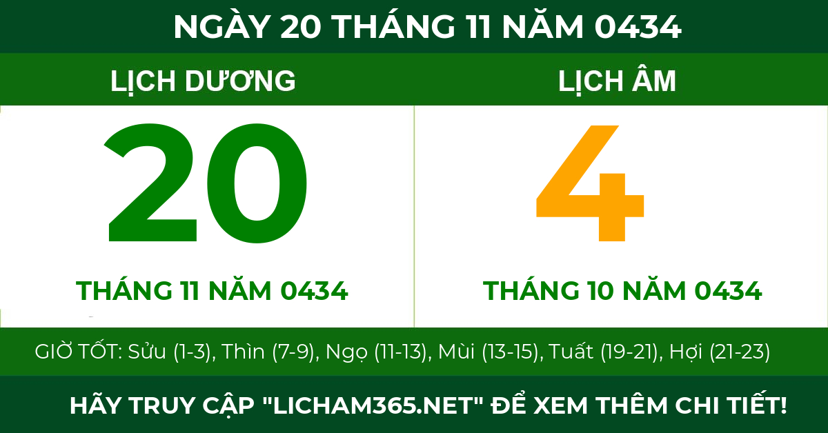 lịch âm ngày 20 tháng 11 năm 0434