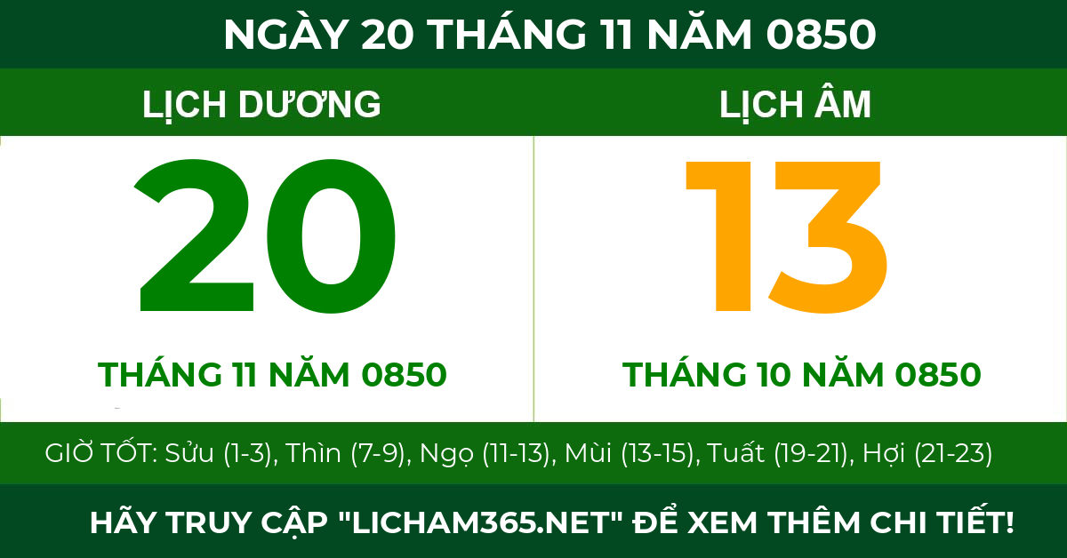 lịch âm ngày 20 tháng 11 năm 0850
