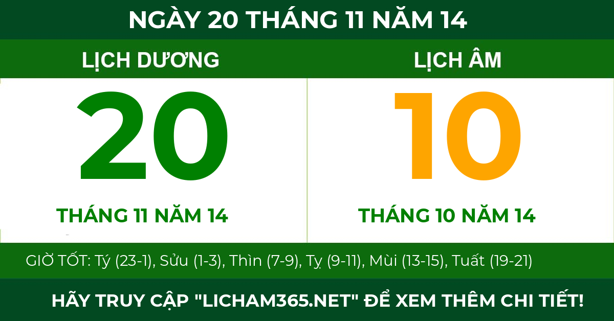 lịch âm ngày 20 tháng 11 năm 14