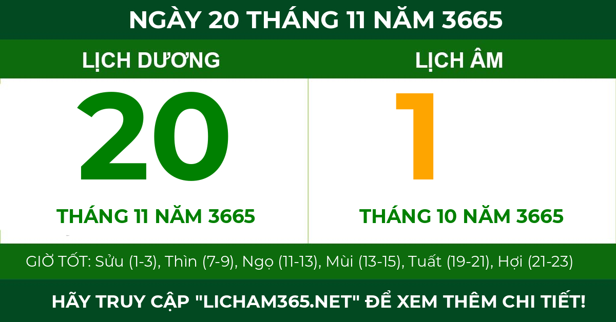 lịch âm ngày 20 tháng 11 năm 3665