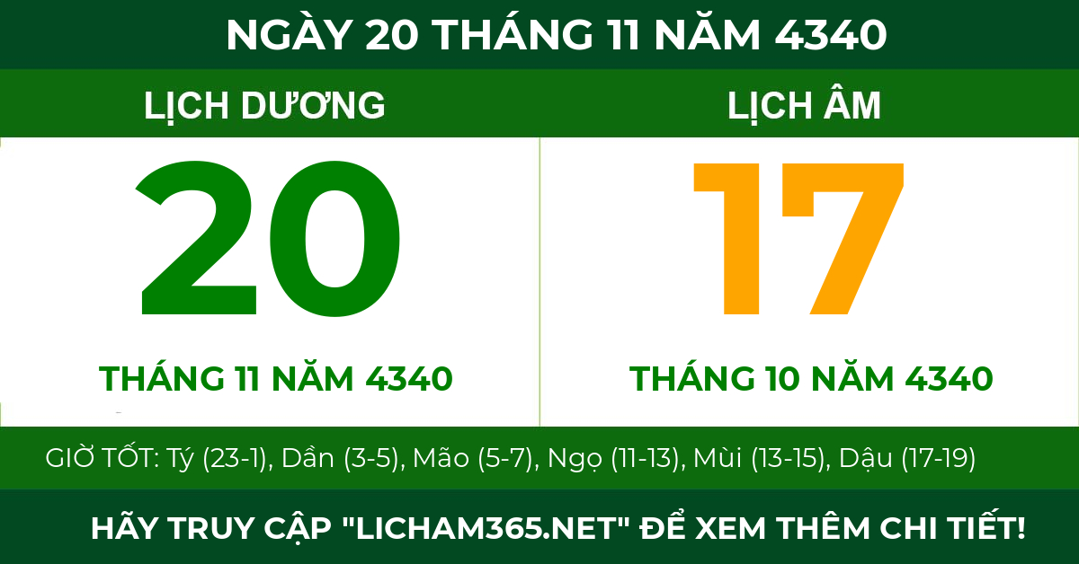 lịch âm ngày 20 tháng 11 năm 4340