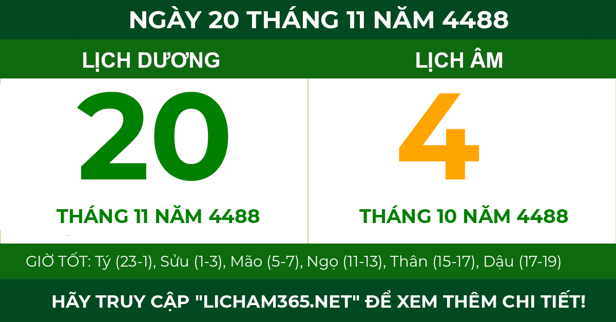 lịch âm ngày 20 tháng 11 năm 4488
