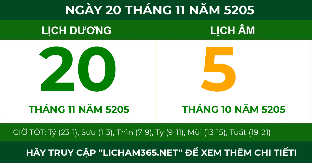 lịch âm ngày 20 tháng 11 năm 5205