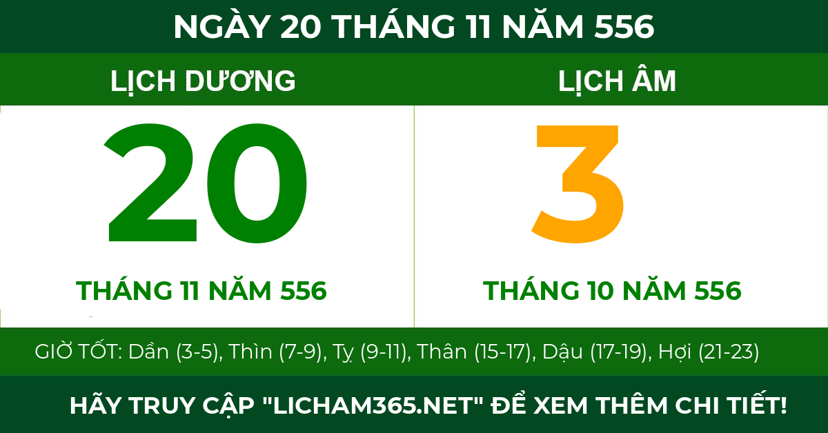 lịch âm ngày 20 tháng 11 năm 556