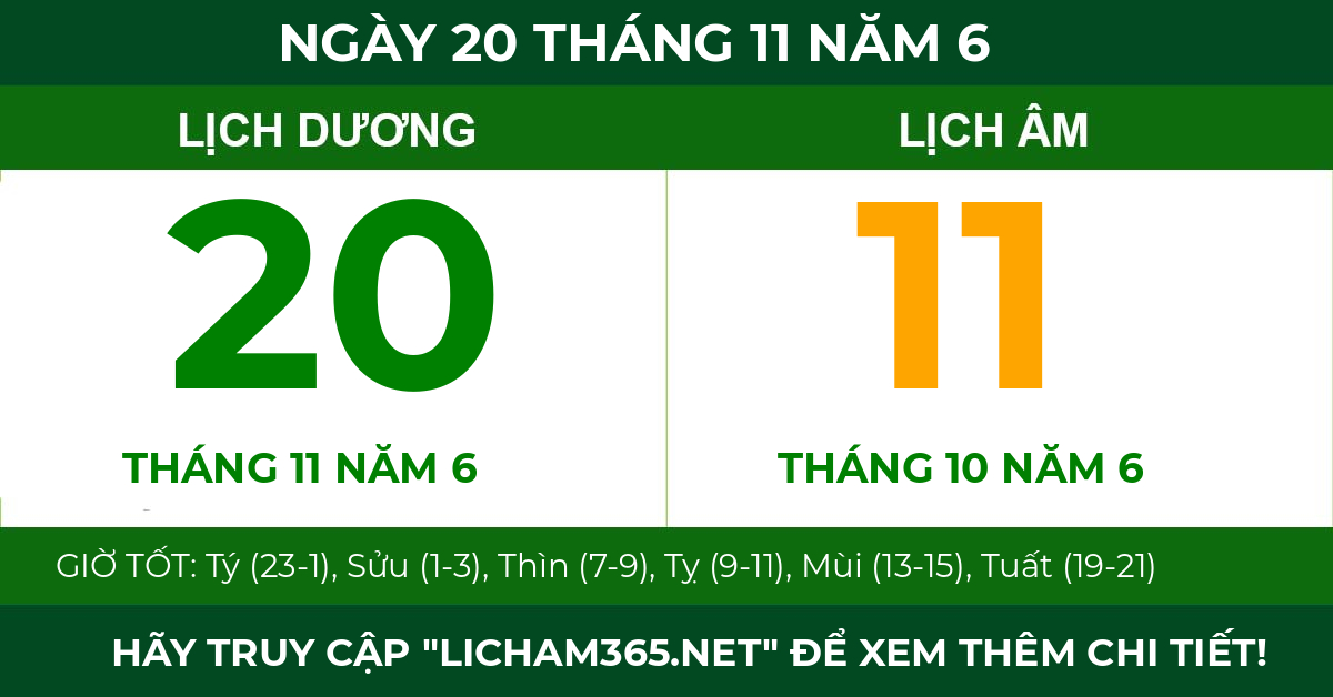 lịch âm ngày 20 tháng 11 năm 6