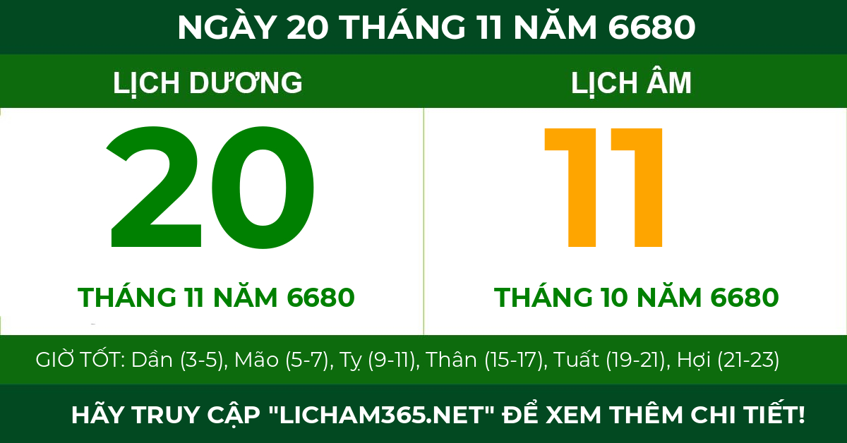 lịch âm ngày 20 tháng 11 năm 6680