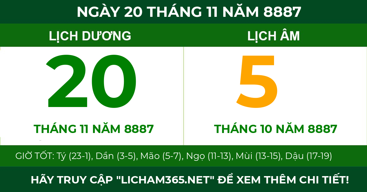 lịch âm ngày 20 tháng 11 năm 8887