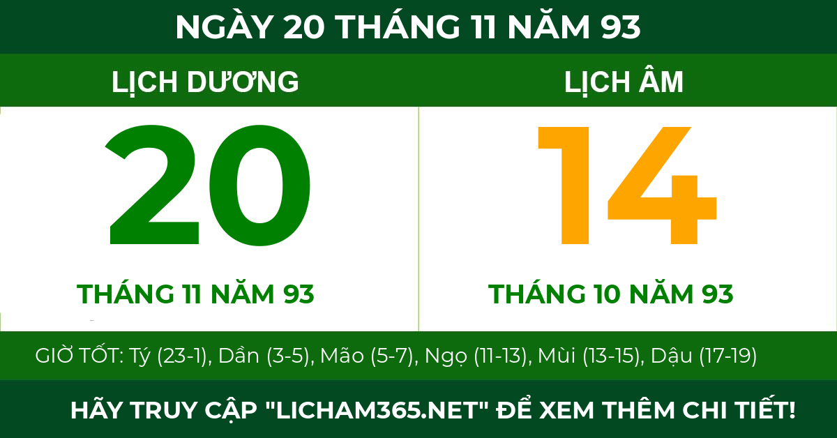 lịch âm ngày 20 tháng 11 năm 93