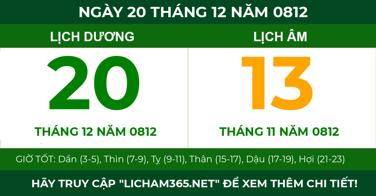 lịch âm ngày 20 tháng 12 năm 0812
