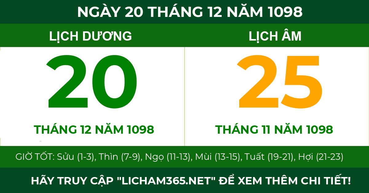 lịch âm ngày 20 tháng 12 năm 1098