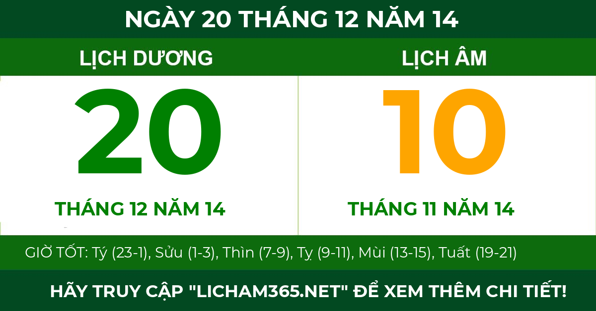 lịch âm ngày 20 tháng 12 năm 14