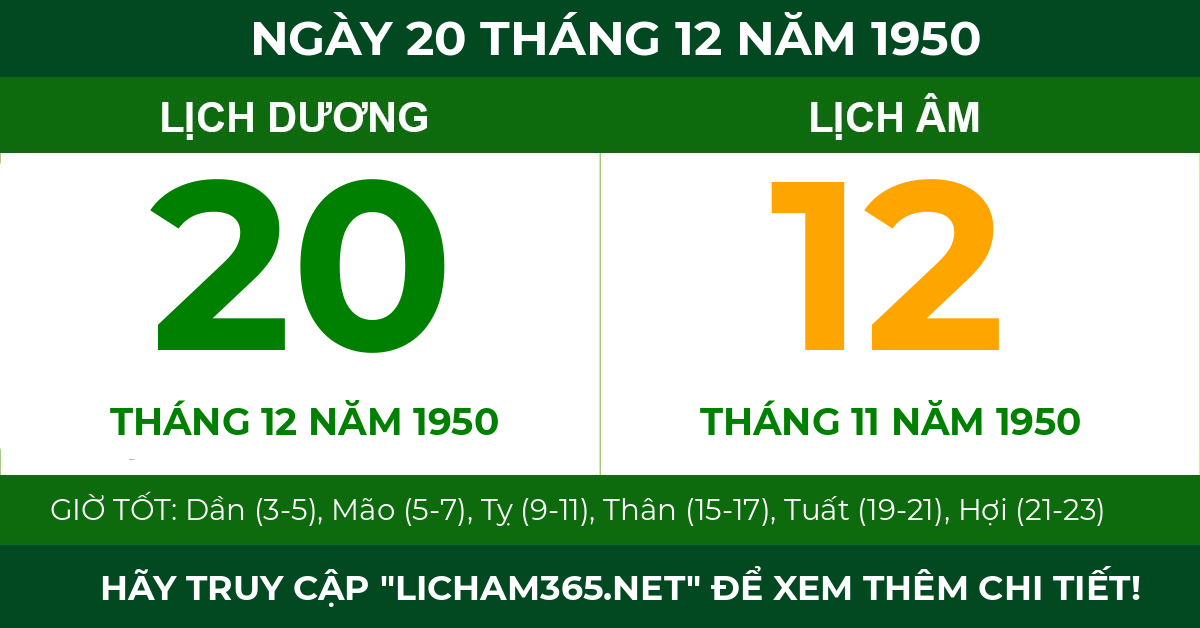 lịch âm ngày 20 tháng 12 năm 1950