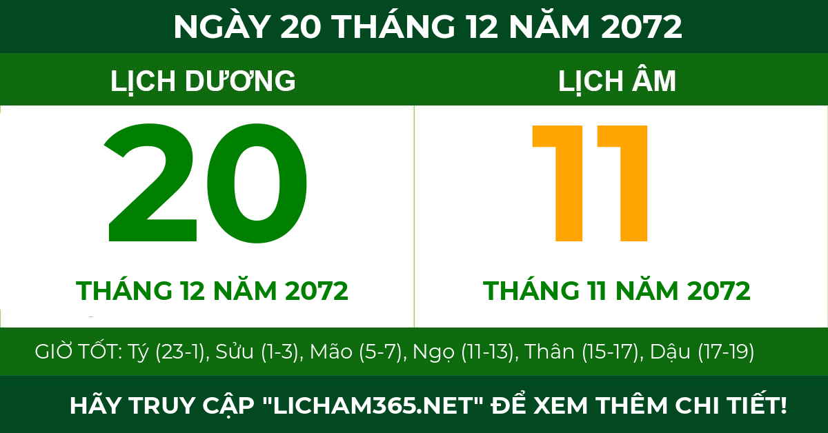 lịch âm ngày 20 tháng 12 năm 2072