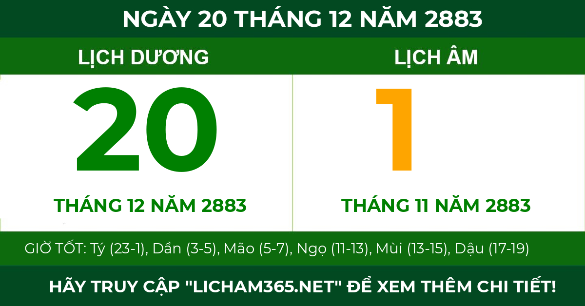 lịch âm ngày 20 tháng 12 năm 2883
