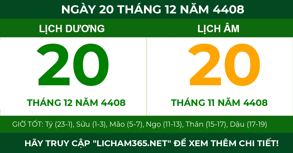 lịch âm ngày 20 tháng 12 năm 4408
