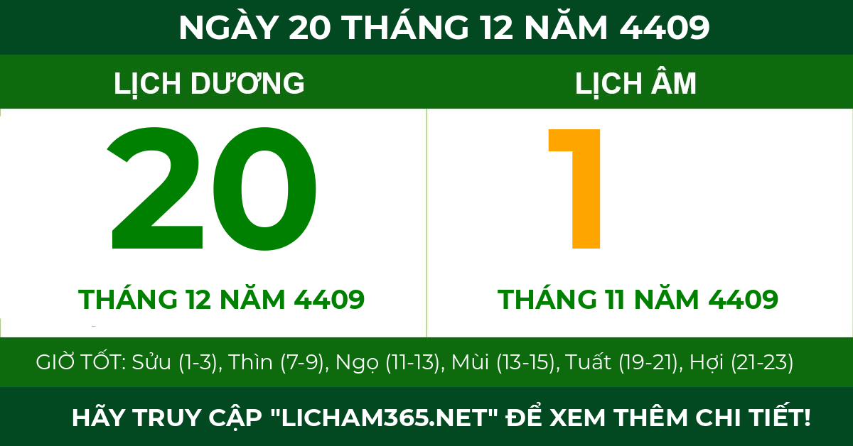 lịch âm ngày 20 tháng 12 năm 4409