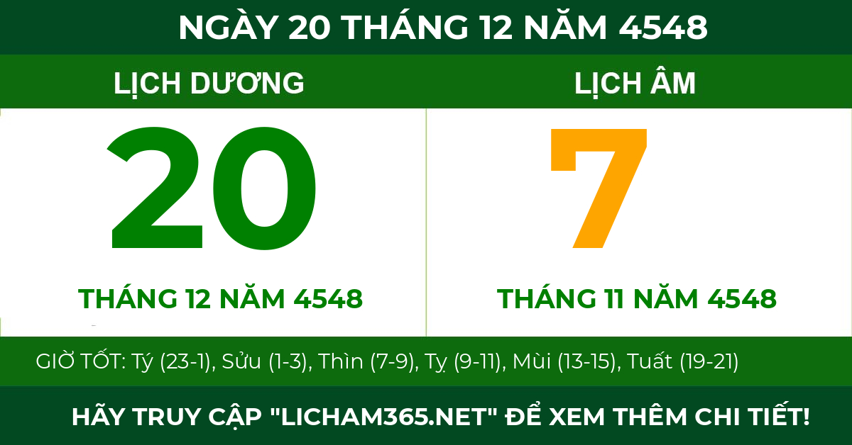 lịch âm ngày 20 tháng 12 năm 4548