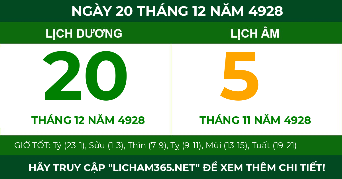 lịch âm ngày 20 tháng 12 năm 4928