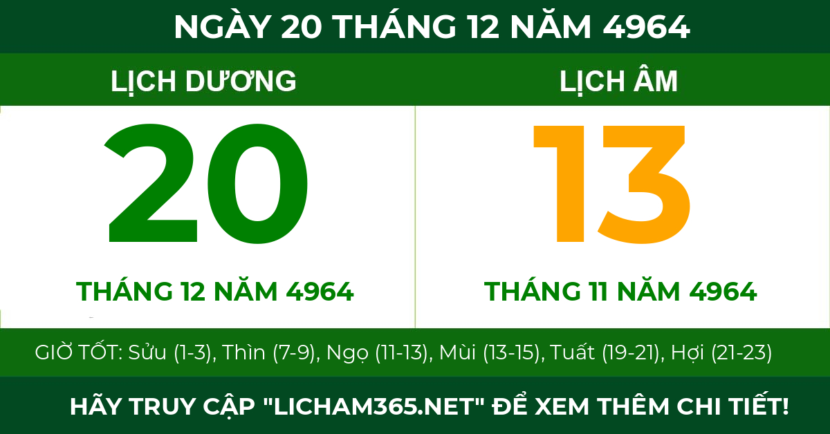 lịch âm ngày 20 tháng 12 năm 4964